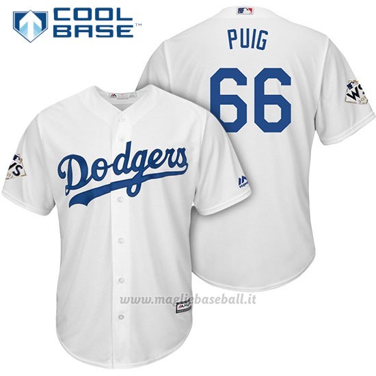 Maglia Baseball Uomo Los Angeles Dodgers 2017 World Series Yasiel Puig Bianco Cool Base